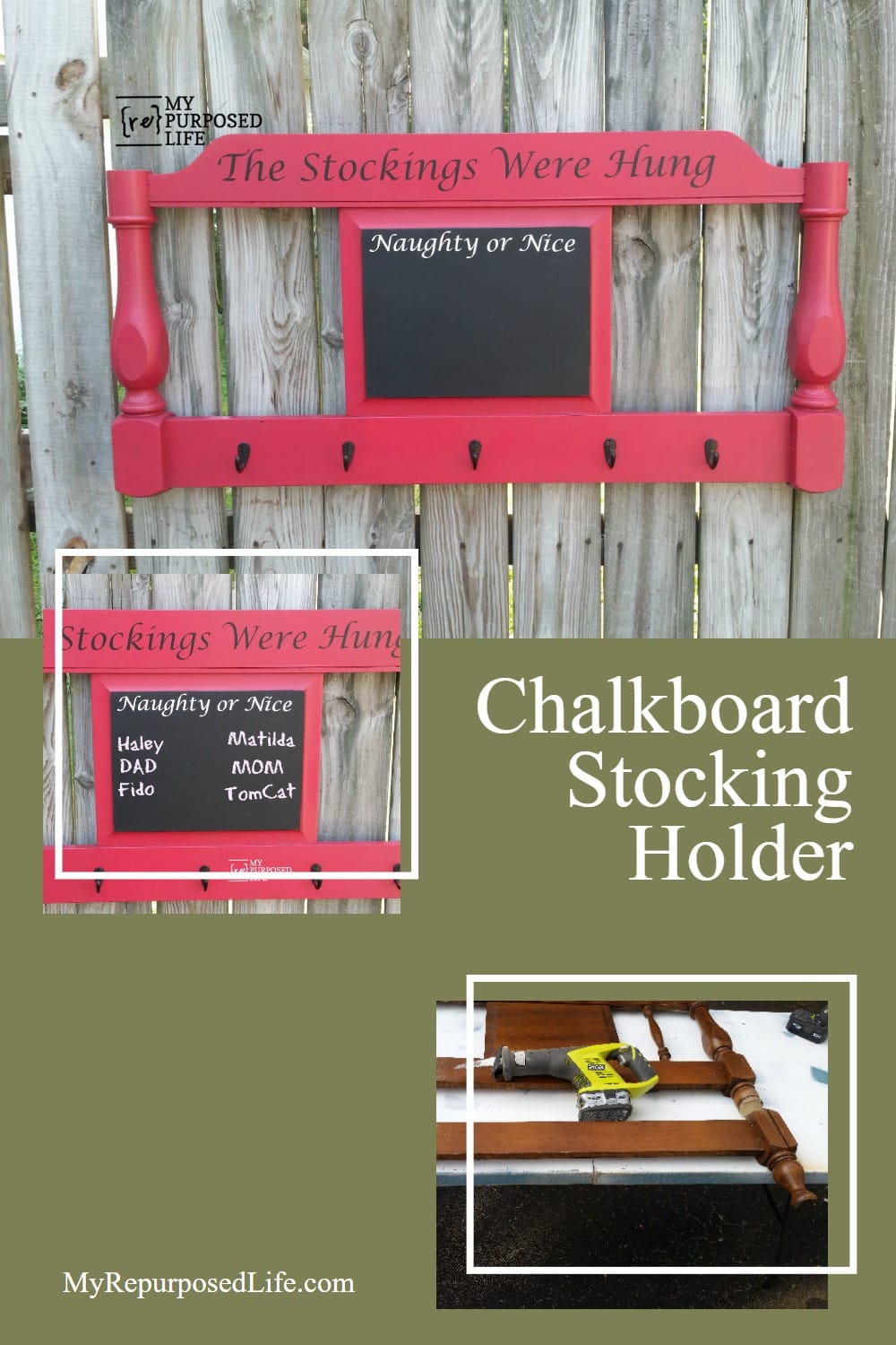 Step-by-step directions for making a chalkboard stocking holder out of an old bed. via @repurposedlife