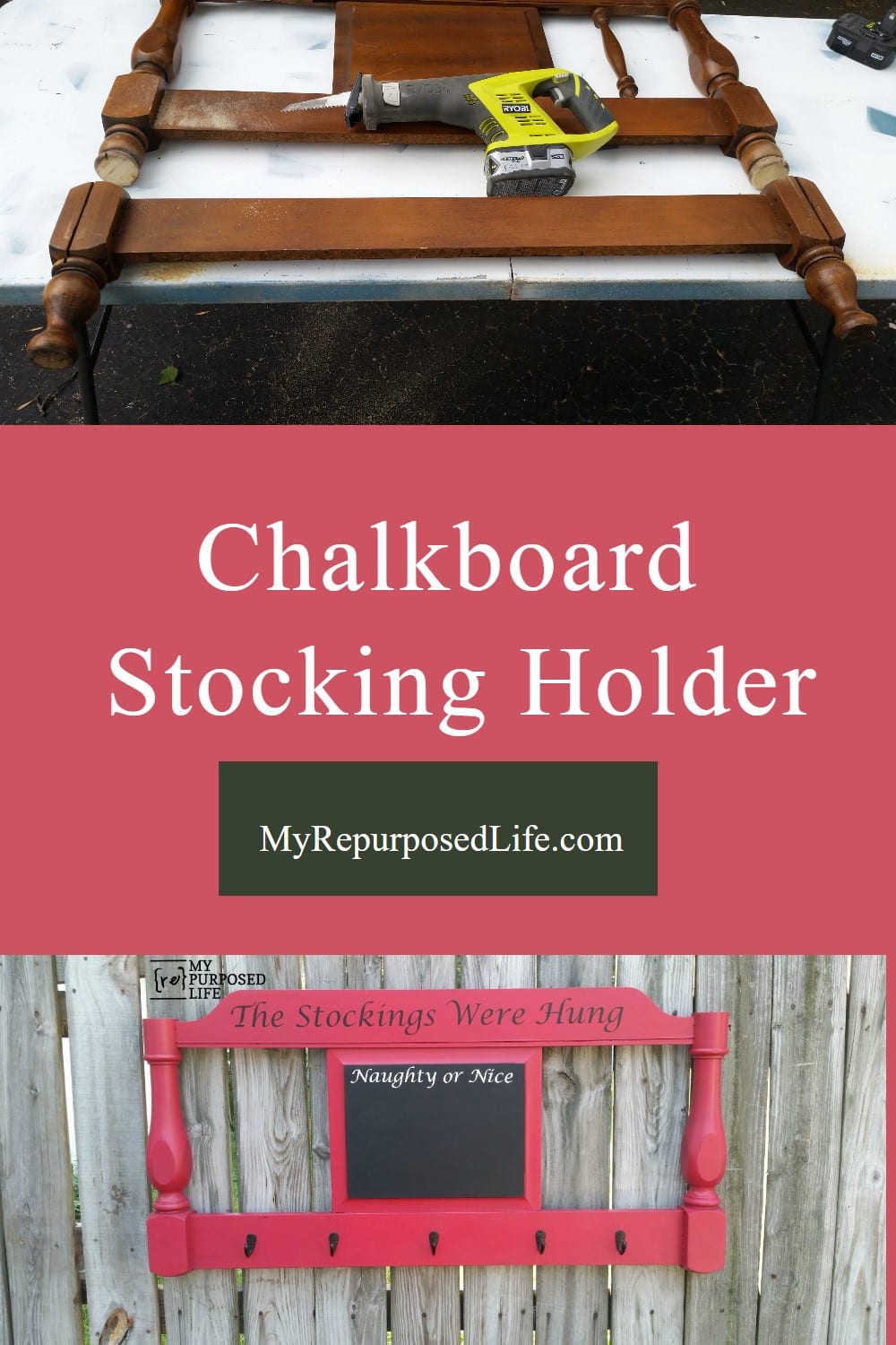 Step-by-step directions for making a chalkboard stocking holder out of an old bed. via @repurposedlife