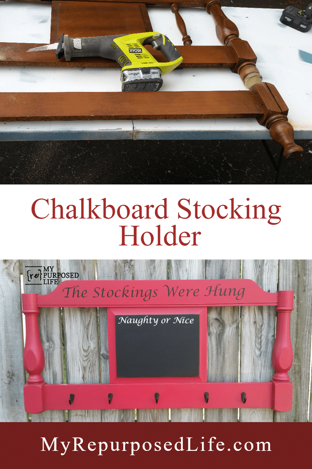 Step-by-step directions for making a chalkboard stocking holder out of an old bed. via @repurposedlife