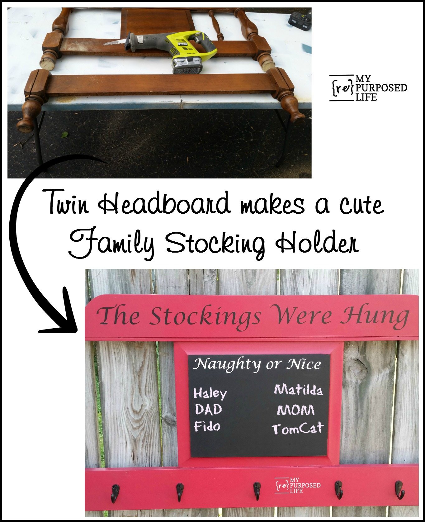Make a Christmas stocking holder and chalkboard out of an old headboard. With a built-in naughty and nice list chalkboard. Repurposed headboard ideas. MyRepurposedLife.com