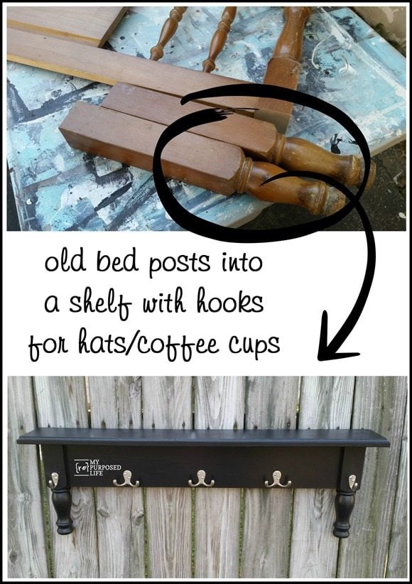 old bed posts into a shelf with hooks for hats-coffee cups and more MyRepurposedLife.com