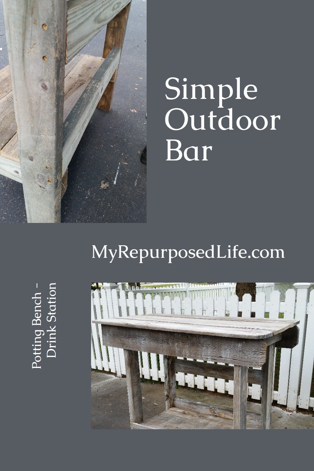 A salvaged wood project made with weathered fence. Can also be made out of pallet wood. Great for outdoor gathering. #MyRepurposedLife #repurposed #upcycled #reclaimed #outdoor #bar via @repurposedlife