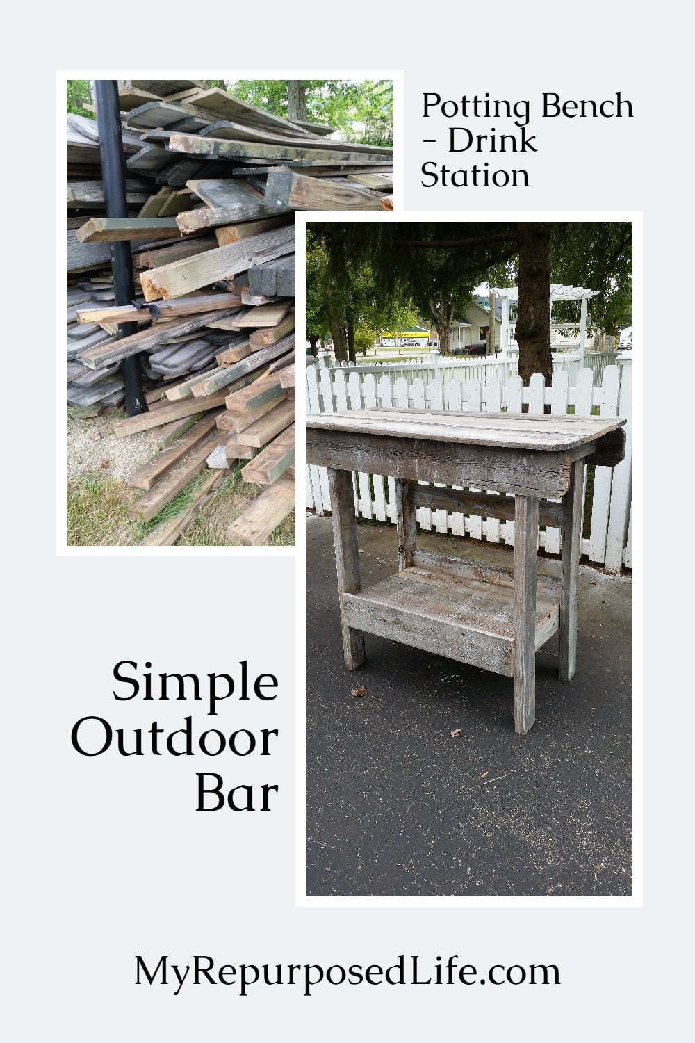 A salvaged wood project made with weathered fence. Can also be made out of pallet wood. Great for outdoor gathering. #MyRepurposedLife #repurposed #upcycled #reclaimed #outdoor #bar via @repurposedlife