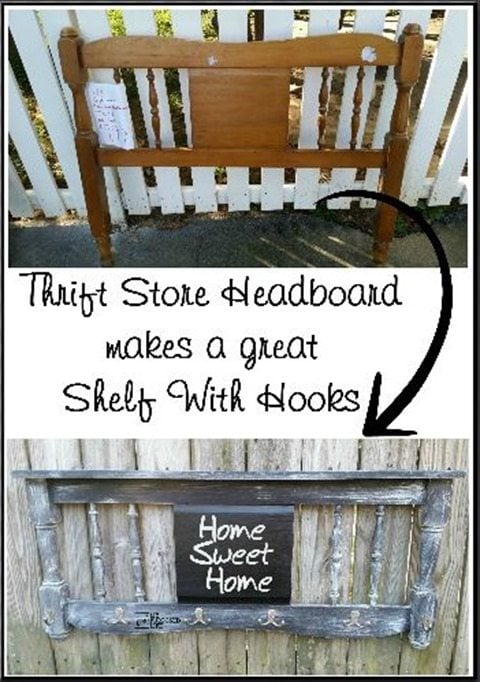 How to make a distressed chalkboard coat rack out of an old headboard. Easy weekend project to use up that old bunk bed that you have in storage. #MyRepurposedLife #repurposed #headboard #chalkboard #coatrack #distressed via @repurposedlife