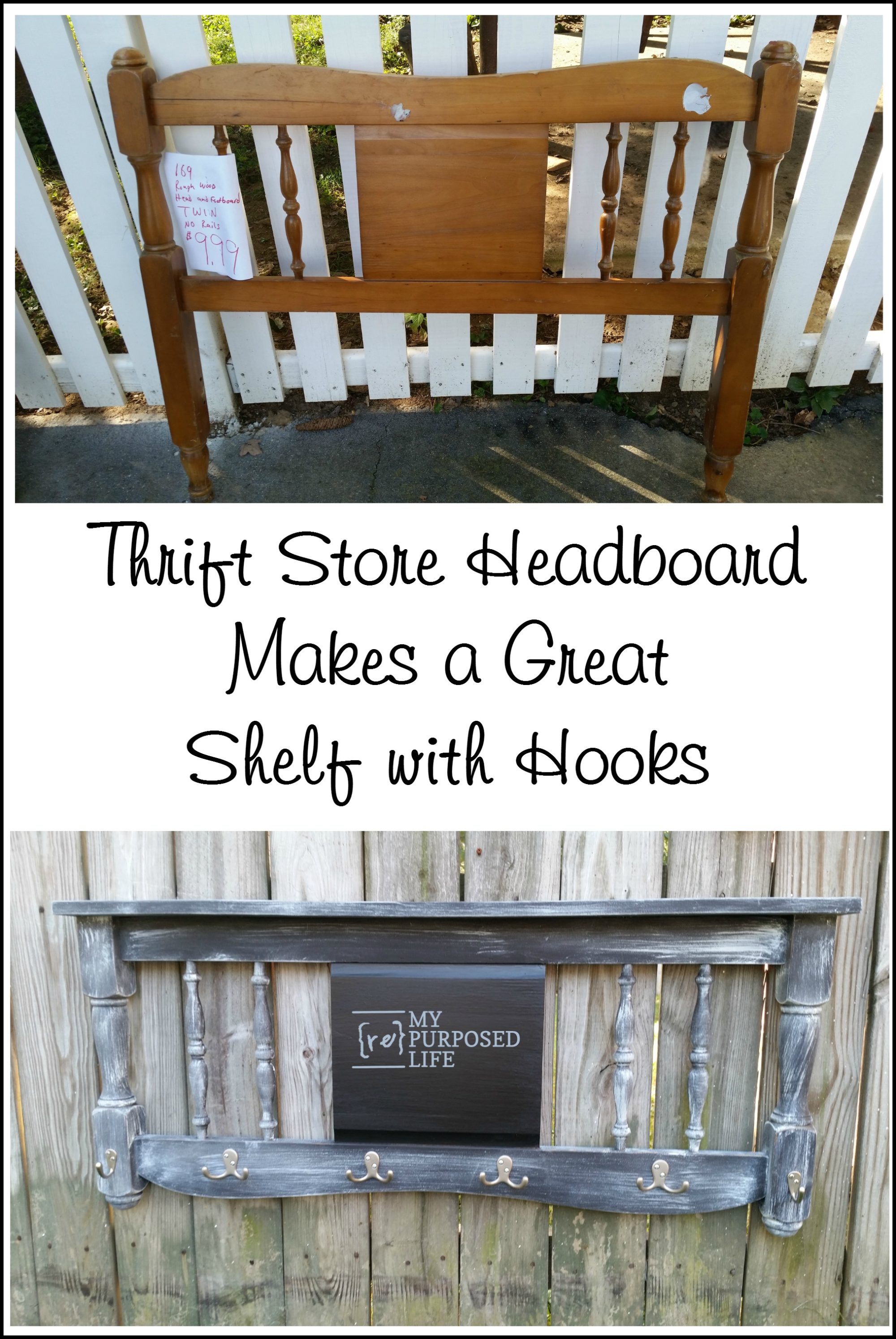 thrift store headboard makes a great distressed chalkboard coat rack