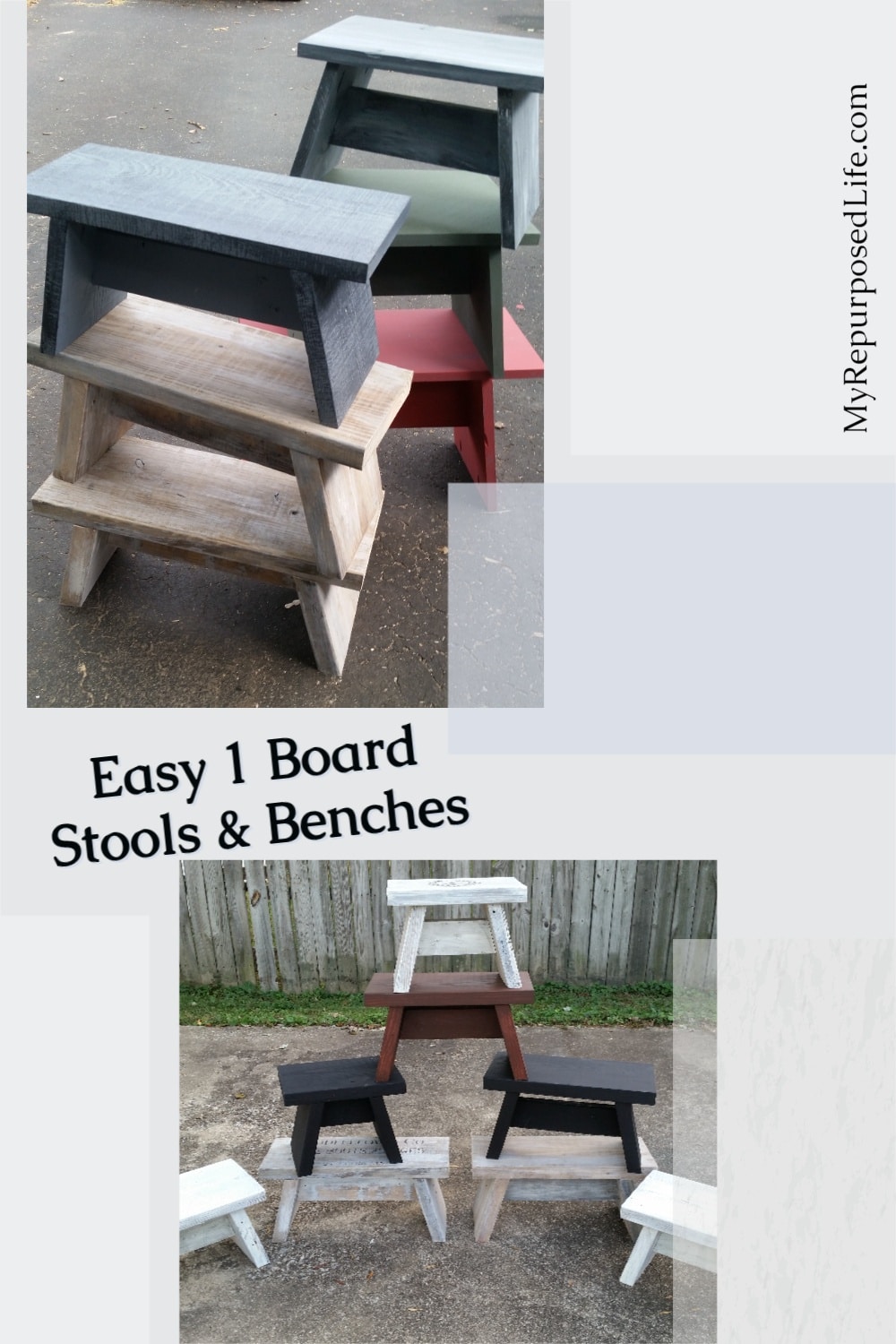 How to make useful one board stools, that are great for that top cupboard, for the grand kids, or an extra place to park your bum. Step by step directions. #MyRepurposedLife #repurposed #oneboard #stools #benches #easy #diy via @repurposedlife