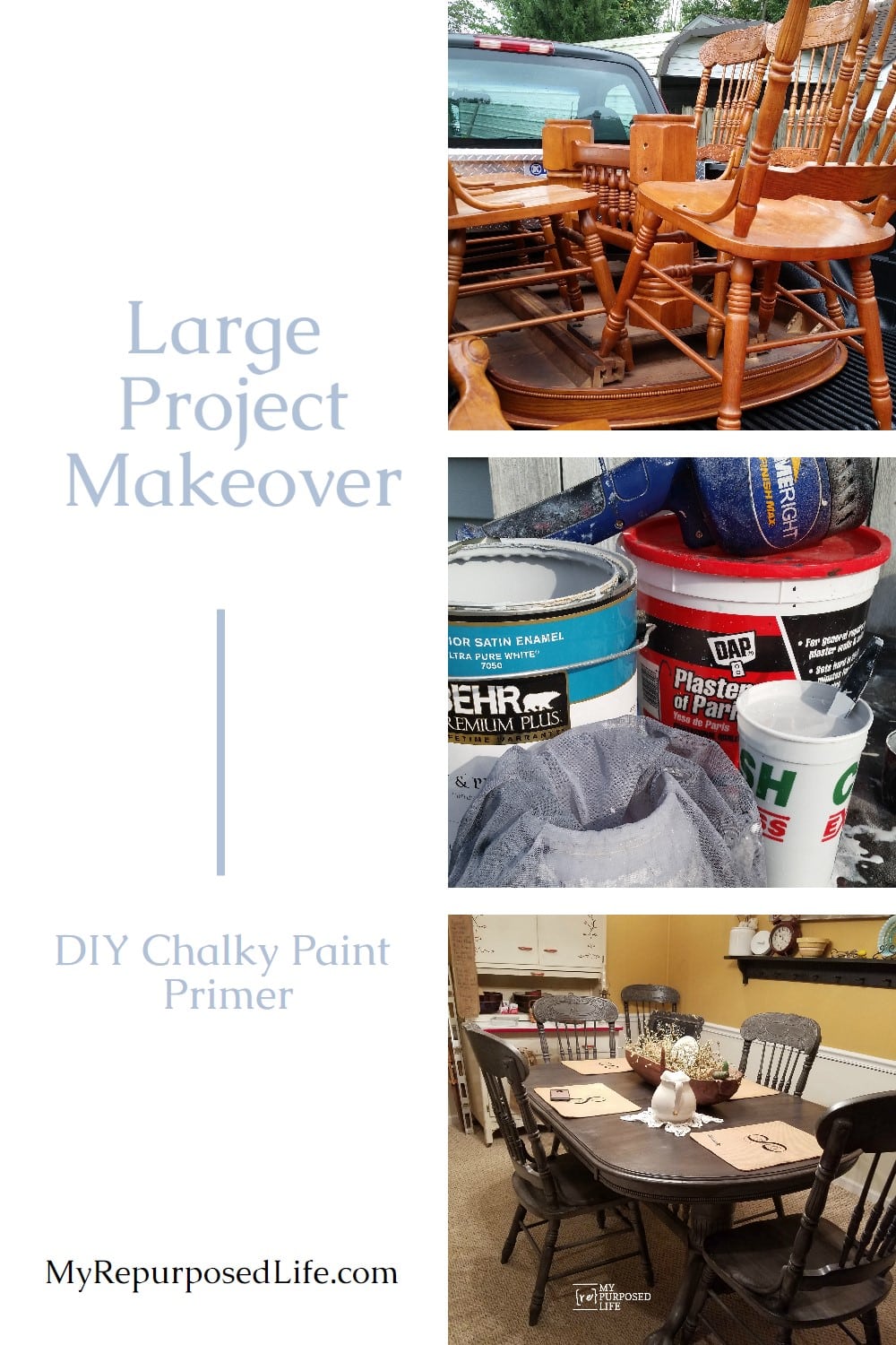 A very large furniture project may seem daunting, but taking it one step at a time will get it done. Using a DIY chalky paint primer will save you money. via @repurposedlife
