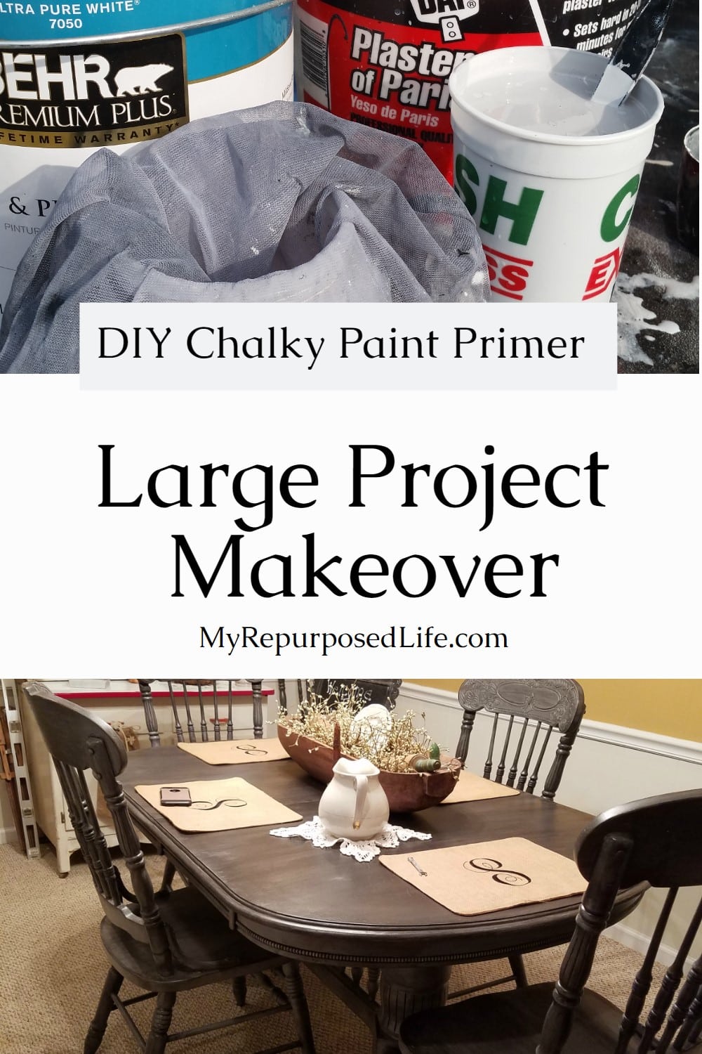 A very large furniture project may seem daunting, but taking it one step at a time will get it done. Using a DIY chalky paint primer will save you money. via @repurposedlife