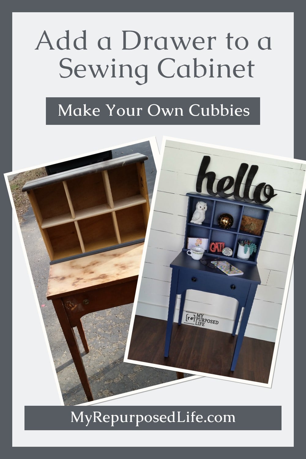 How to marry a sewing machine cabinet and a repurposed drawer to make this small navy blue writing desk. Step by step directions to make something similar for your own home. #MyRepurposedLife #repurposed #furniture #sewingcabinet #writingdesk #desk #diy #project via @repurposedlife
