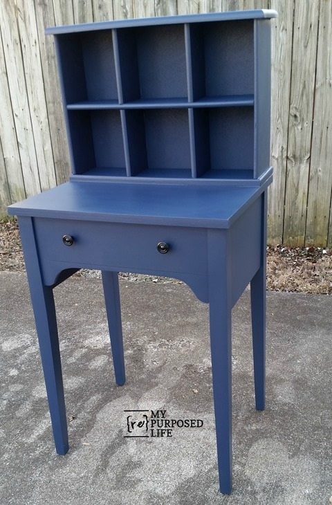 blue sewing cabinet cubby organizer writing desk hutch MyRepurposedLife.com