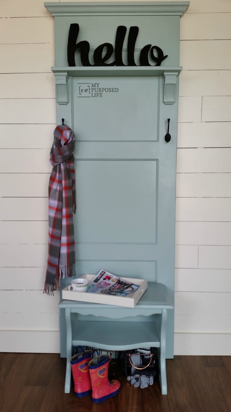 light green hall tree made from an old door and a small nightstand shelf MyRepurposedLife.com