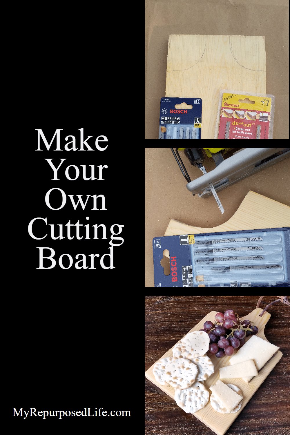 In this diy cutting board tutorial, there are lots of tips for using a jigsaw, even for a beginner. Why a jigsaw should be your first saw. via @repurposedlife