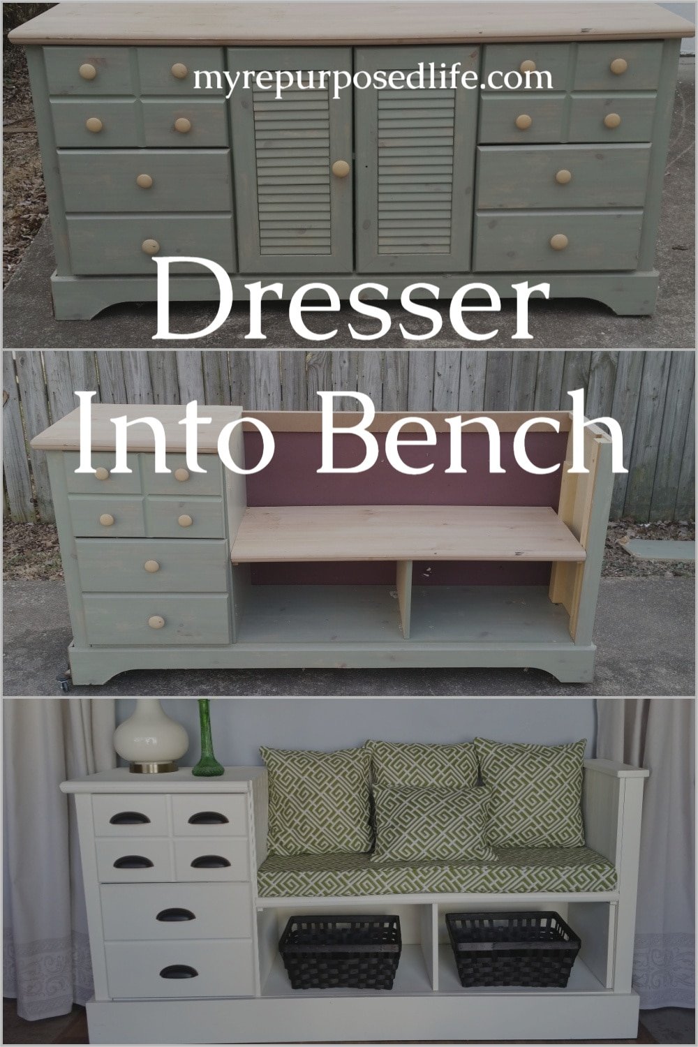 Make a storage bench using a cheap dresser. A few extra touches like cup pulls, upholstery and pillows makes a huge difference. Step by step tutorial. #MyRepurposedLife #upcycle #repurpose #dresser #bench #storage #diy via @repurposedlife