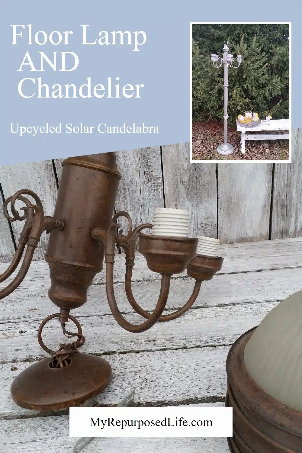 How to make a floor lamp solar chandelier using bits and pieces of an old lamp and chandelier. Great for the garden or patio. So many options. #MyRepurposedLife #repurposed #floorlamp #chandelier #solar #lightfeature via @repurposedlife