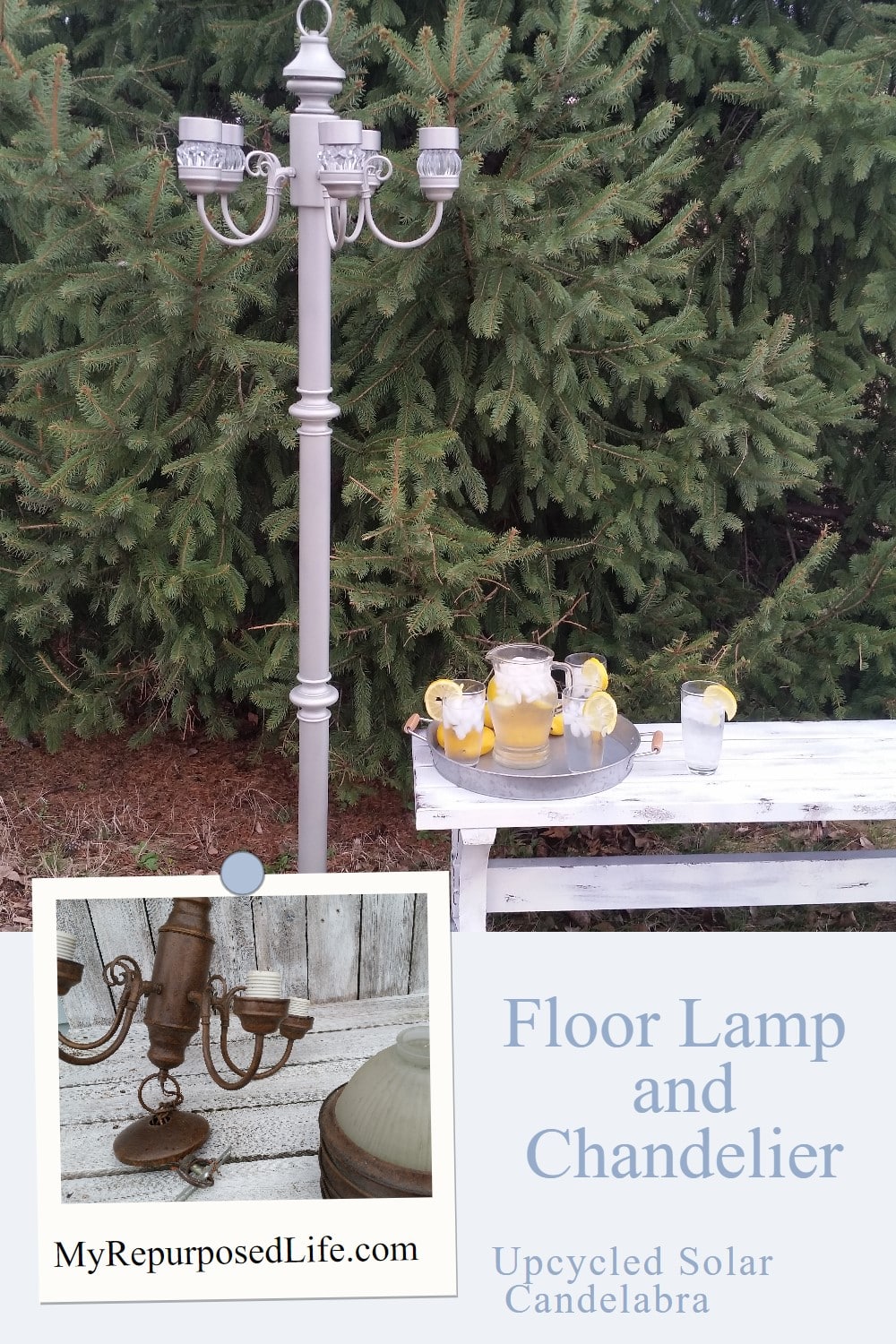 How to make a floor lamp solar chandelier using bits and pieces of an old lamp and chandelier. Great for the garden or patio. So many options. #MyRepurposedLife #repurposed #floorlamp #chandelier #solar #lightfeature via @repurposedlife