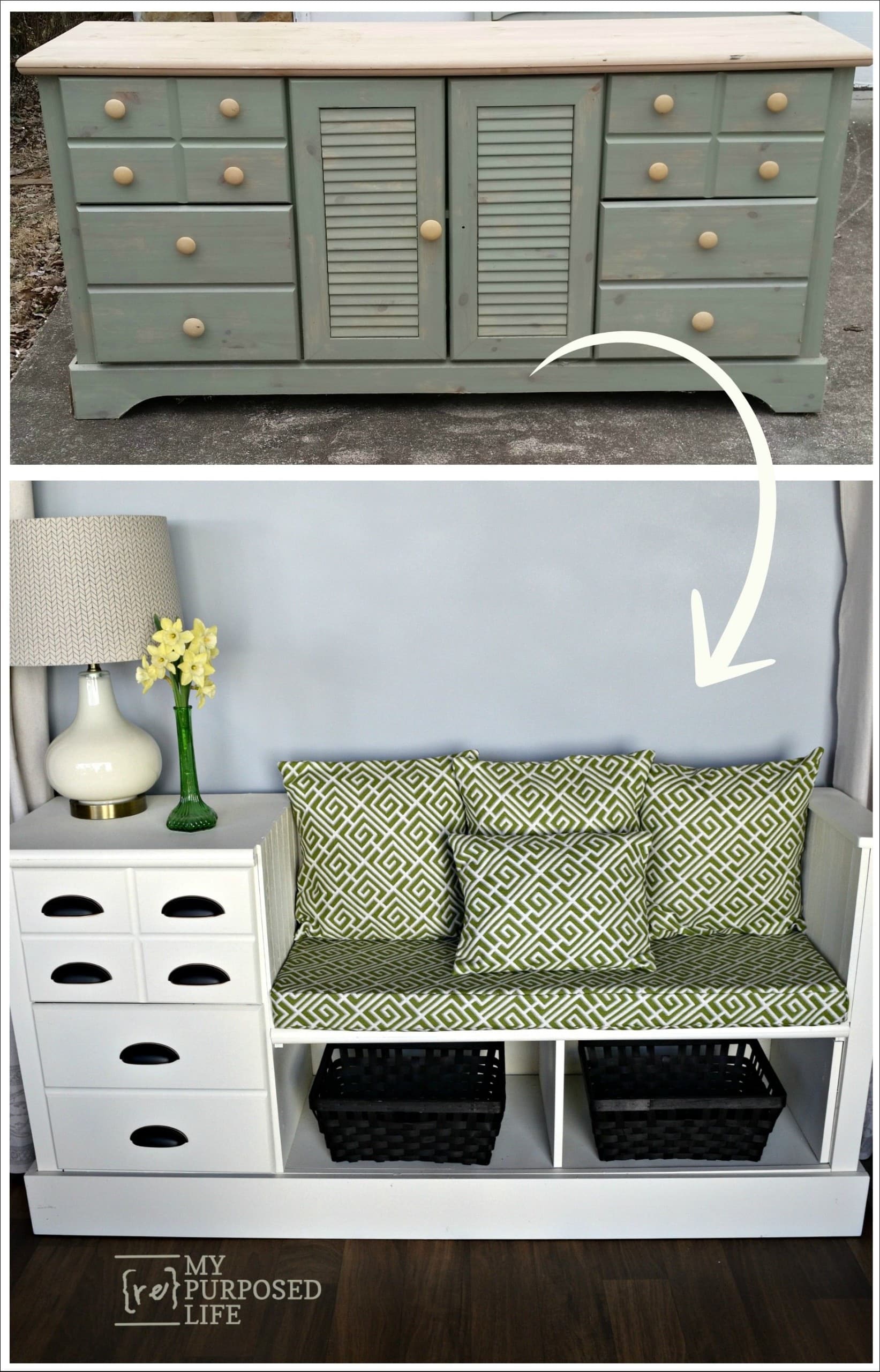 an old dresser upcycled with a fresh new look into a white storage bench for a kitchen, mudroom and more MyRepurposedLife.com old dresser upcycled fresh new white storage bench for kitchen mudroom and more MyRepurposedLife.com