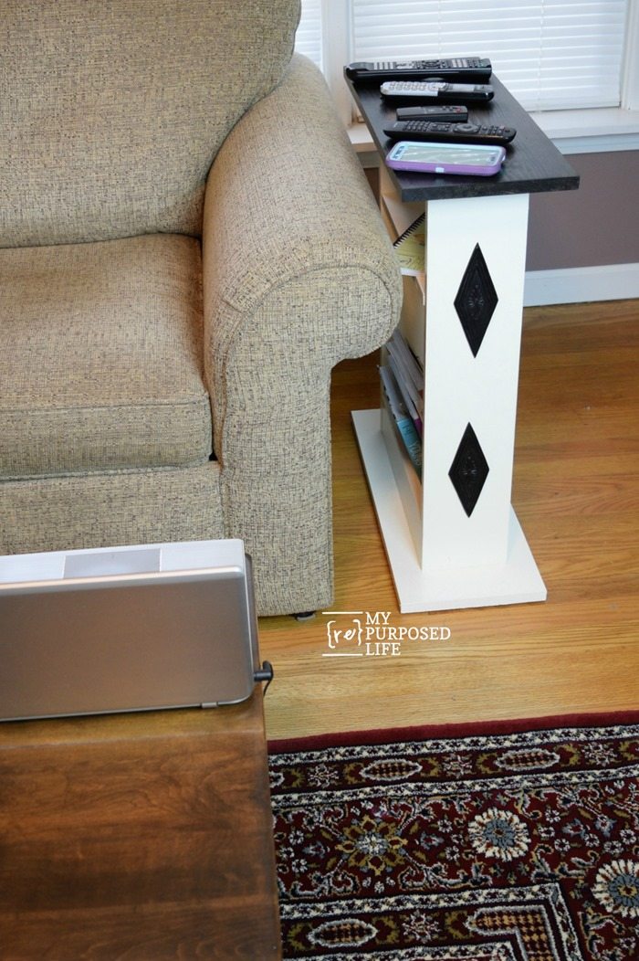 customized sofa side table to hold remotes and magazines MyRepurposedLife.com customized sofa side table to hold remotes and magazines MyRepurposedLife.com