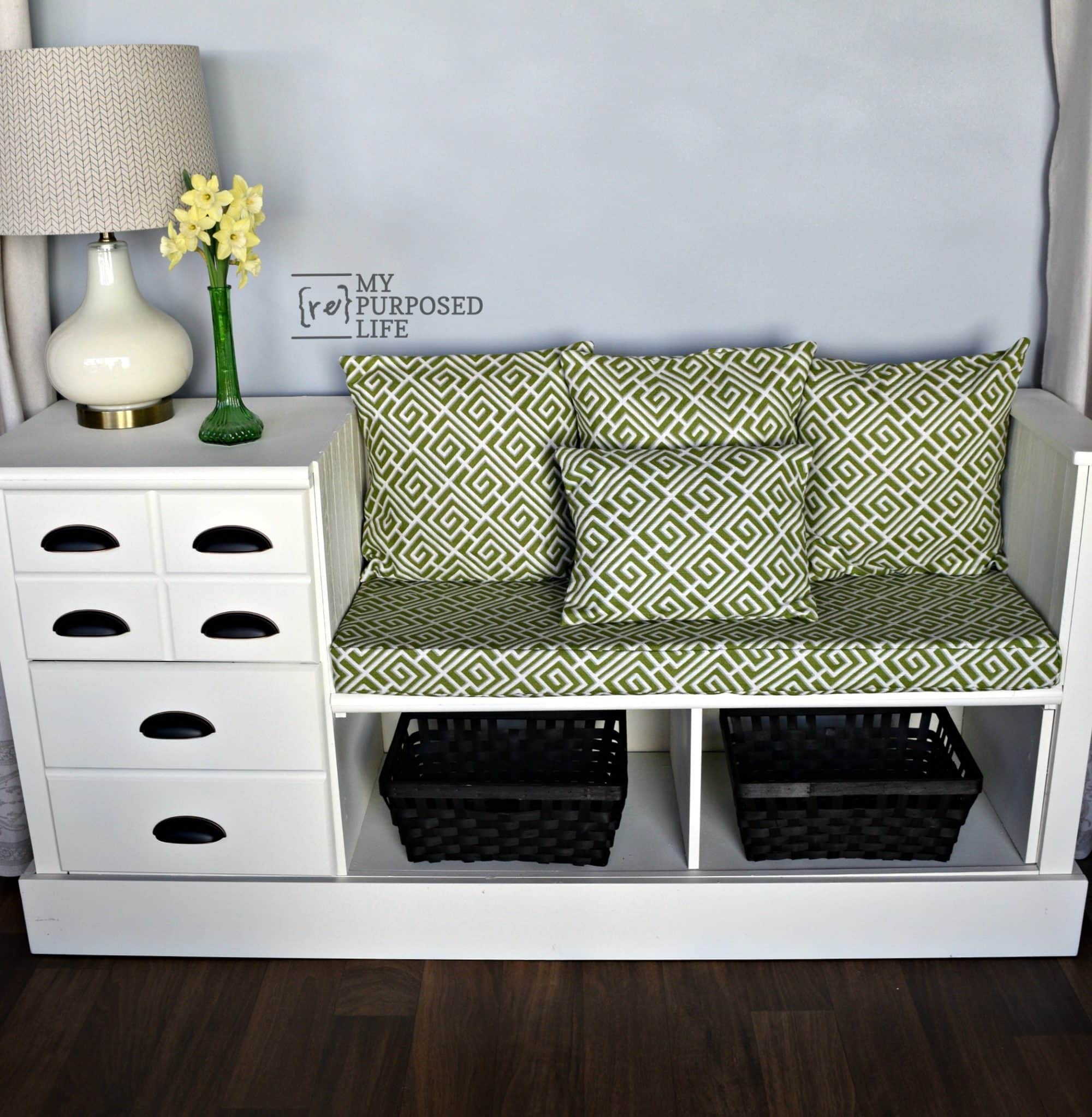 white repurposed dresser bench green-white cushion pillows MyRepurposedLife.com white repurposed dresser bench green-white cushion pillows MyRepurposedLife.com