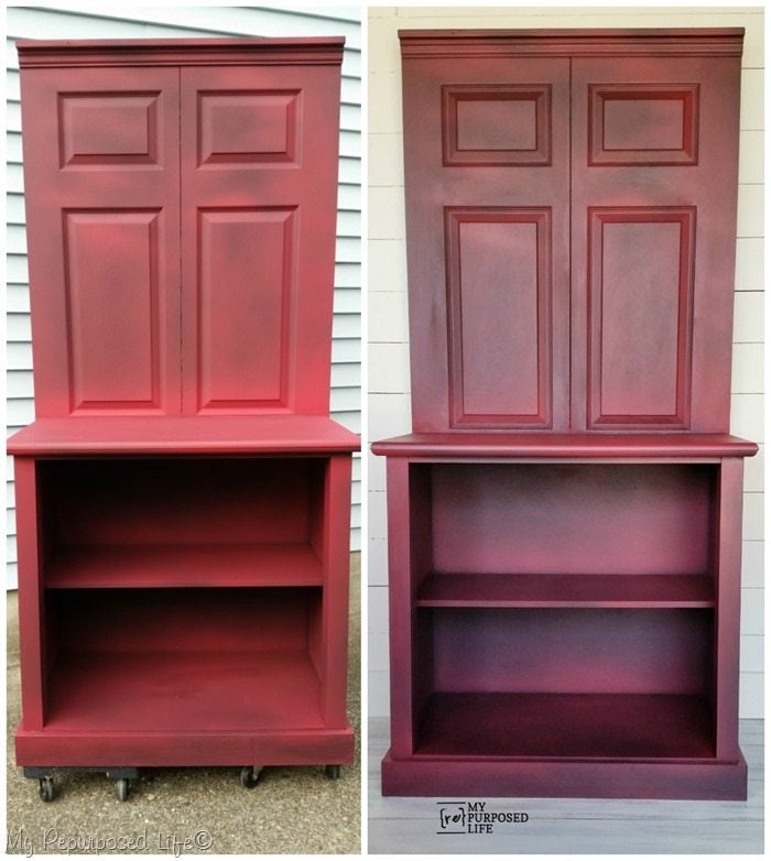 repurposed bi-fold door red dry brushed coffee station before and after wipe-on poly MyRepurposedLife.com