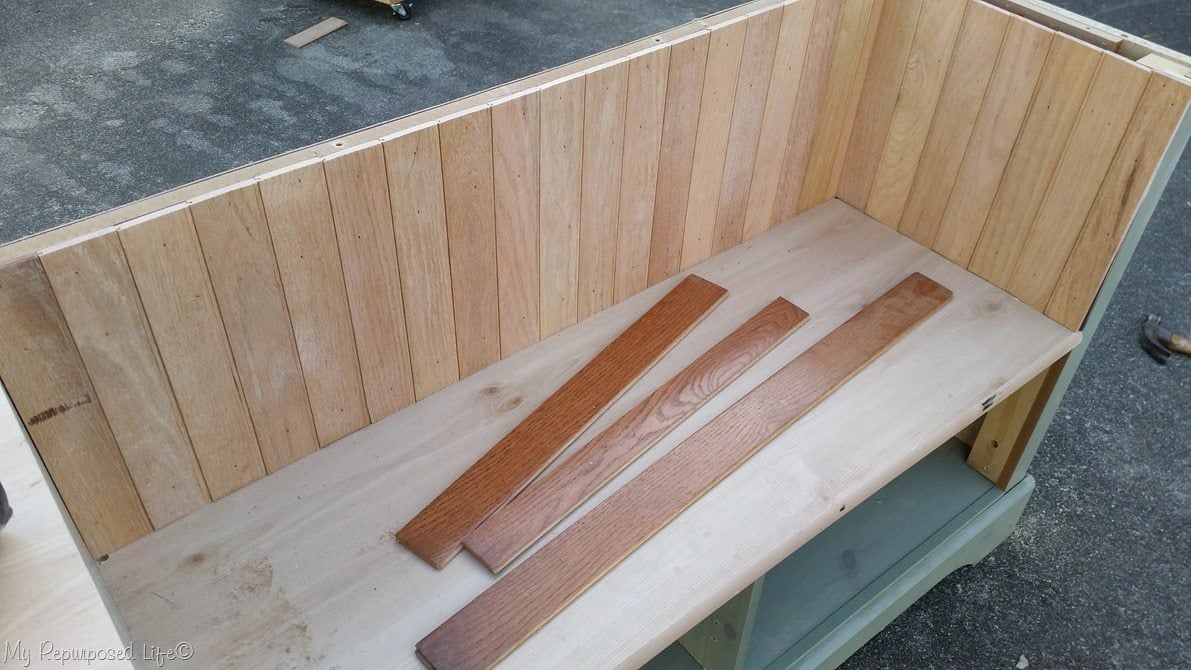 using hardwood flooring as bead board dresser bench