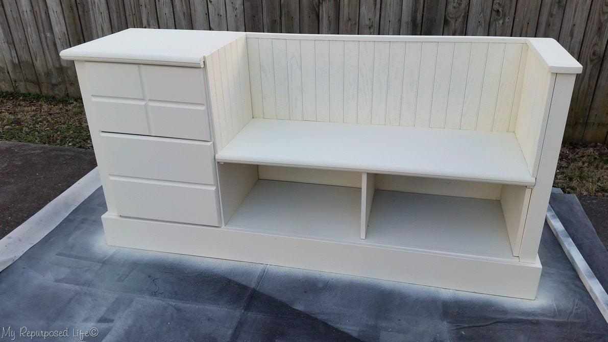 white dresser storage bench with bead board waiting for hardware