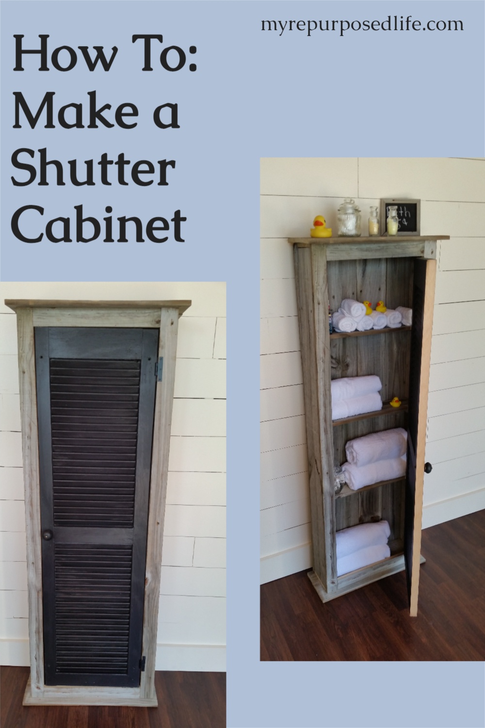 How to make a rustic shutter cabinet using an old shutter and reclaimed wood. Step by step directions so you can Do It Yourself. This cabinet is perfect for a small bathroom, guestroom, or mudroom. Put in in the kitchen for extra pantry storage. #MyRepurposedLife #Repurposed #upcycled #shutter via @repurposedlife