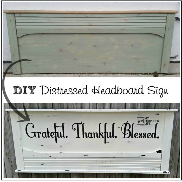 Grateful Thankful Blessed White Distressed Headboard Sign