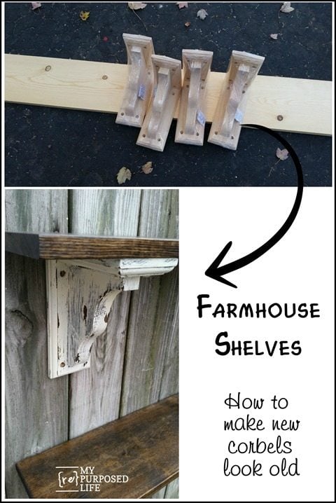 how to make new corbels look old for farmhouse shelves MyRepurposedLife.com