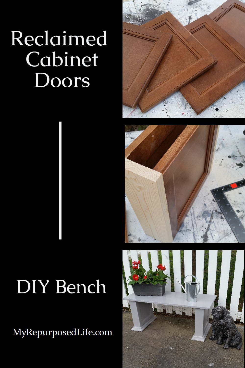 Making a cabinet door bench is easy with this step by step tutorial. Boxing in the cabinet doors is easy using scrap pieces. More scraps trim the bottom. Step by step directions included. #MyRepurposedLife #repurposed #cabinet #doors #bench via @repurposedlife