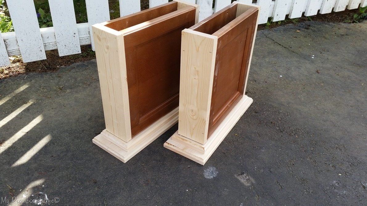 repurposed cabinet door bench supports