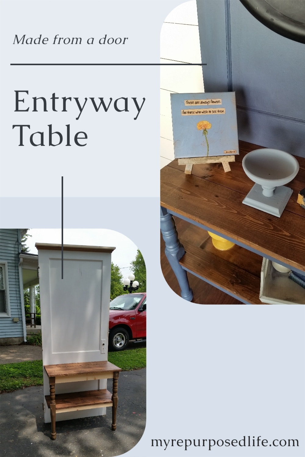 Making a DIY Entry Table out of an old door and table legs is a great weekend project. Entry way tables are very functional and pretty for your home decor. #MyRepurposedLife #repurposed #entrytable #door #table via @repurposedlife