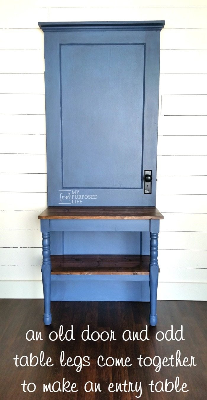 diy entry table from an old door and odd legs MyRepurposedLife.com