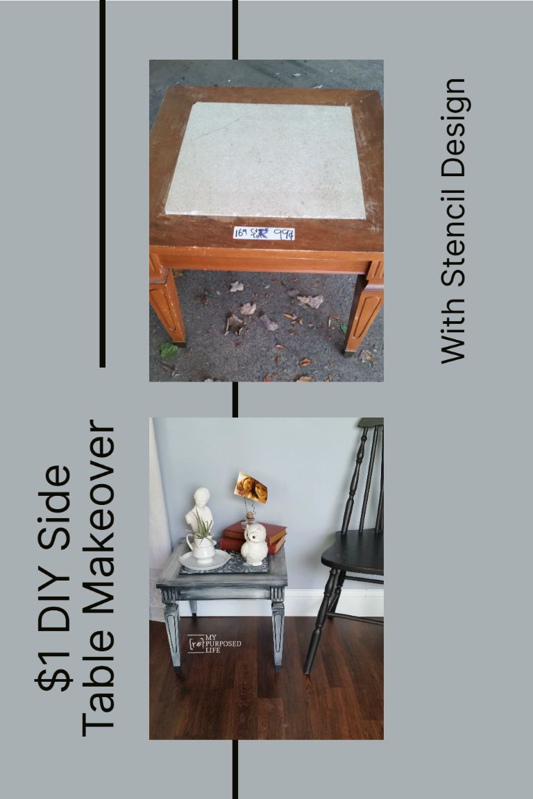 A small stenciled side table project rescues a project redo. How to camouflage a damaged table top with a painted stencil. #MyRepurposedLife #repurposed #upcycled #sidetable #stencil #easy #furniture #makeover via @repurposedlife