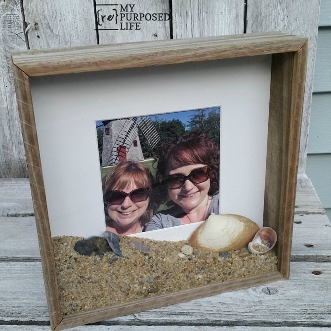 how to display vacation photos and keepsakes from the beach in a rustic shadow box MyRepurposedLife.com