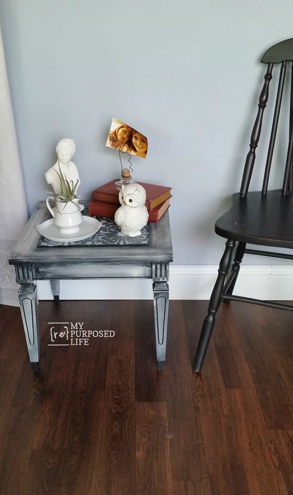 A small stenciled side table project rescues a project redo. How to camouflage a damaged table top with a painted stencil. #MyRepurposedLife #repurposed #upcycled #sidetable #stencil #easy #furniture #makeover via @repurposedlife