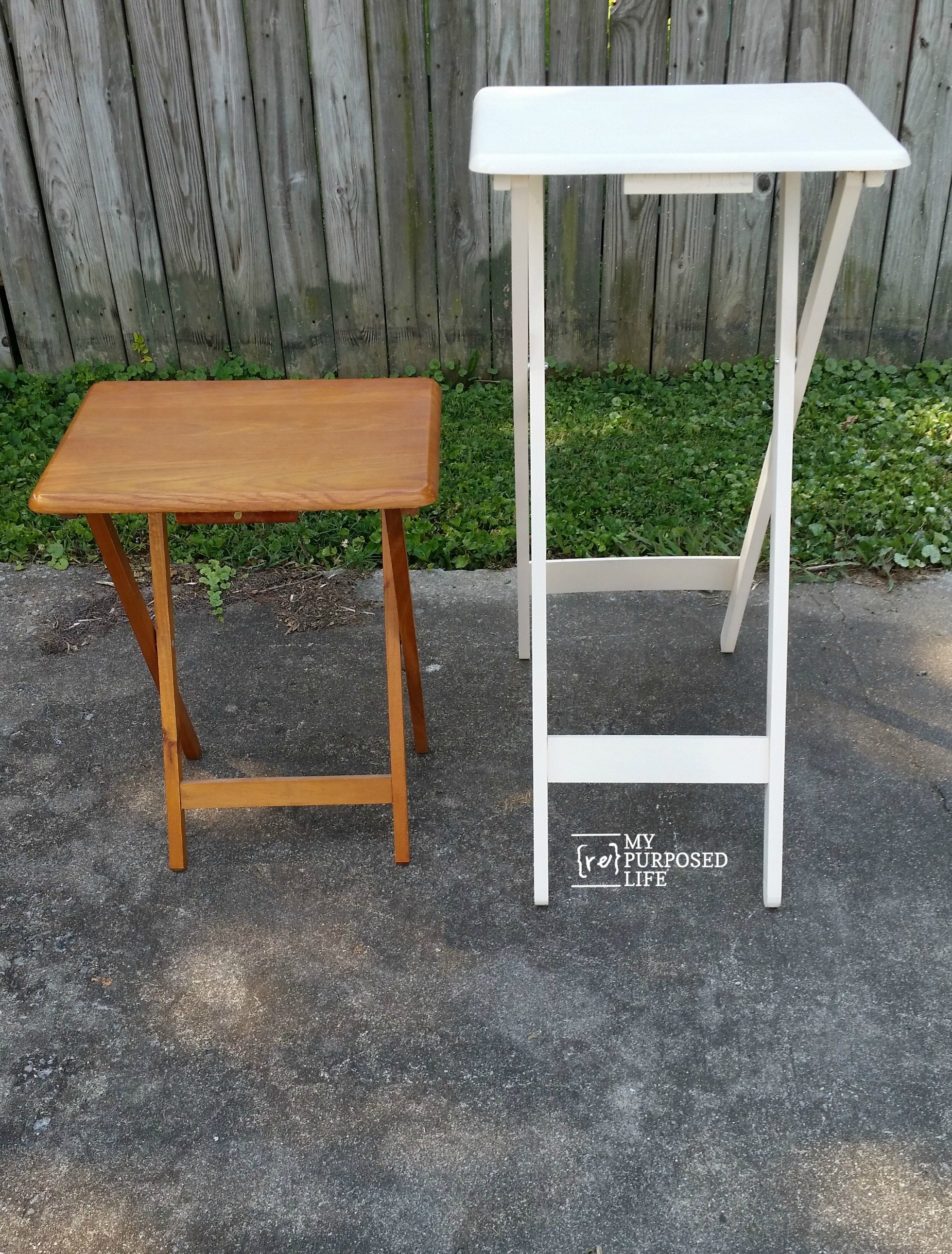 How to make a standing laptop table out of a t.v. tray table. Add longer legs, step by step directions with pictures to help you make one. #MyRepurposedLife #repurposed #tvtable #upcycle #standingdesk via @repurposedlife