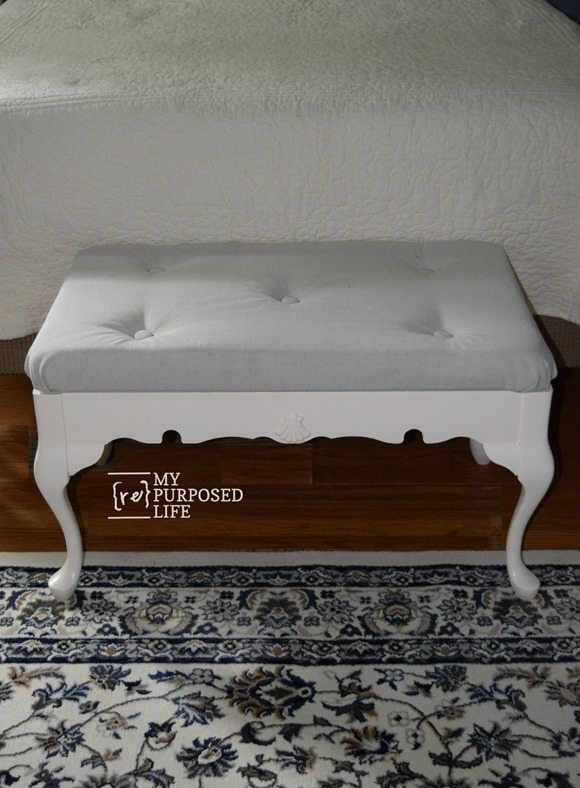 white end of bed bench made from coffee table MyRepurposedLife.com