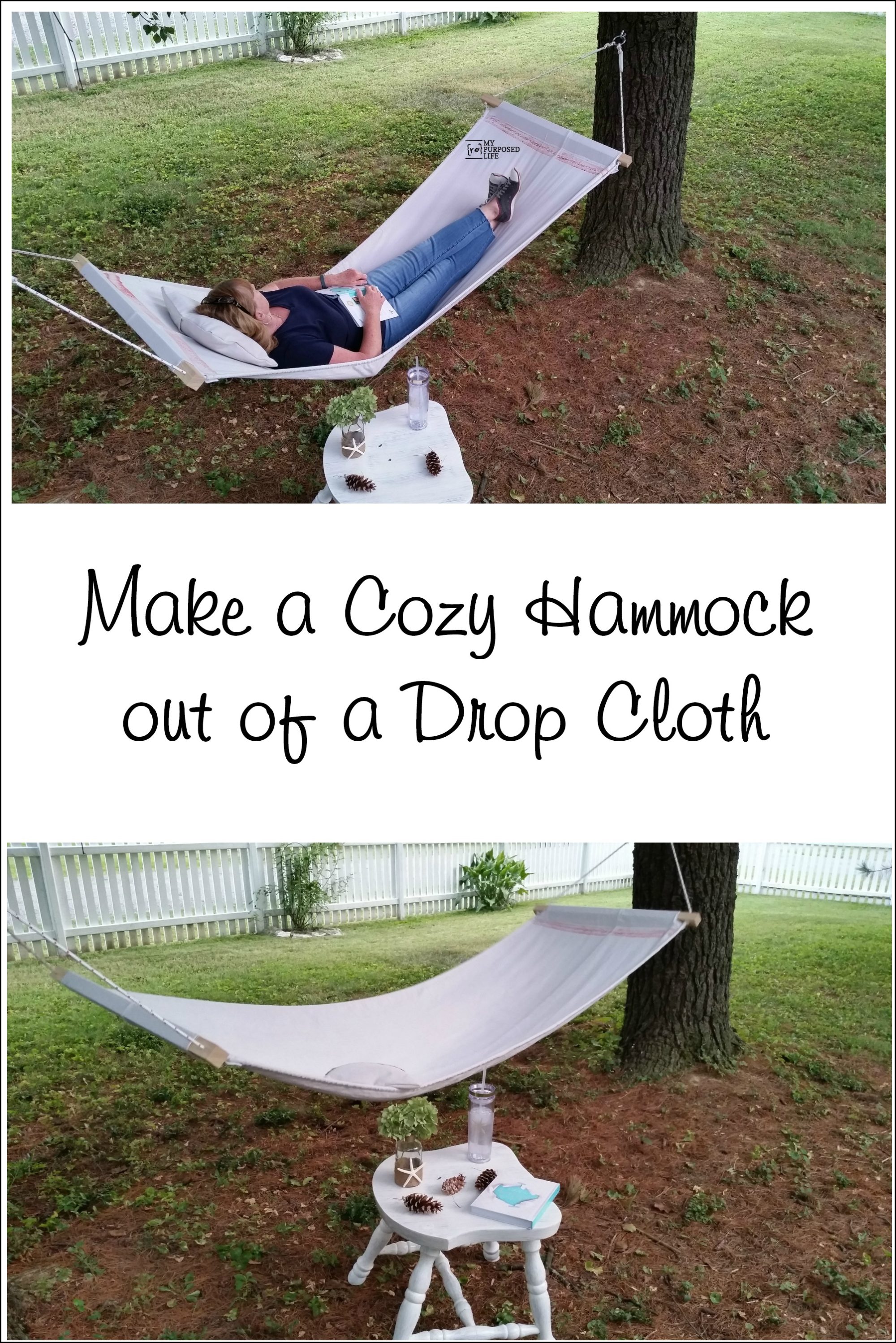 How to make a drop cloth hammock. This single hammock is an easy diy weekend project. If you own a sewing machine, you can make this hammock today. #myrepurposedlife #repurposed #dropcloth #project #diy #hammock via @repurposedlife