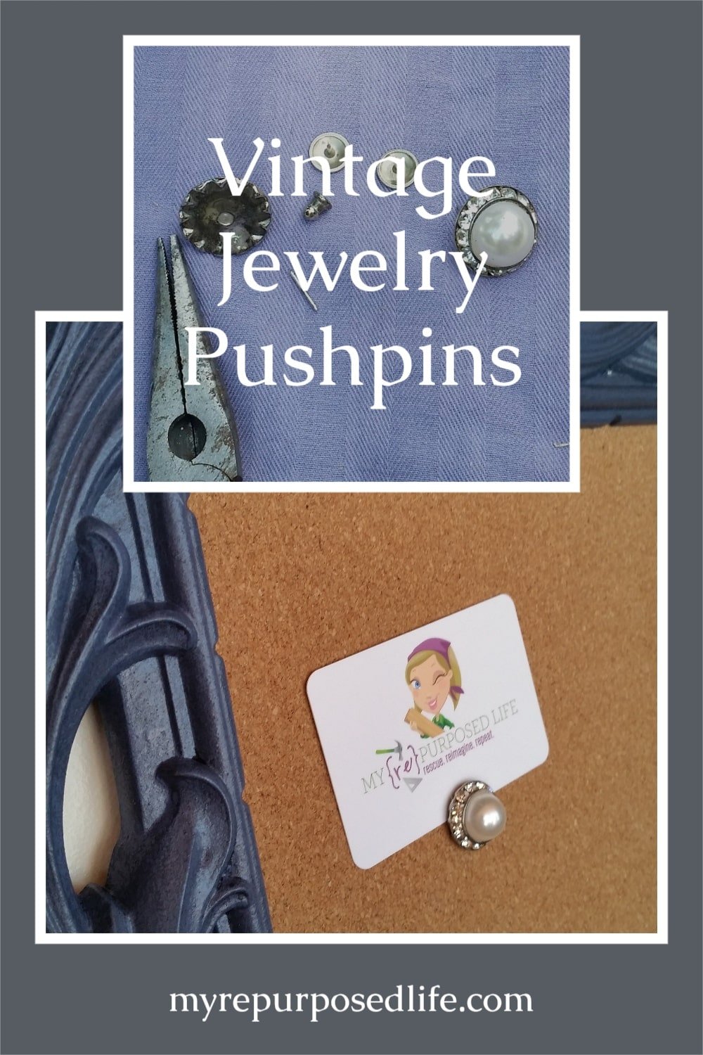 How to make vintage jewelry pushpins for your fancy memo cork board. Easy project to do with estate jewelry or granny's old earrings. #MyRepurposedLife #upcycle #vintage #jewelry #pushpin #project via @repurposedlife