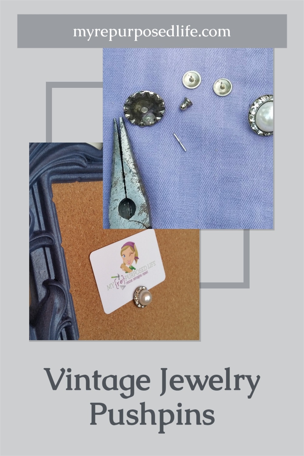 How to make vintage jewelry pushpins for your fancy memo cork board. Easy project to do with estate jewelry or granny's old earrings. #MyRepurposedLife #upcycle #vintage #jewelry #pushpin #project via @repurposedlife