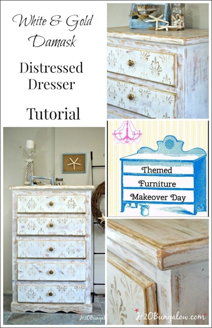 White-and-gold-heavily-distressed-damask-stenciled-dresser-with-simple-tutorial-H2OBungalow