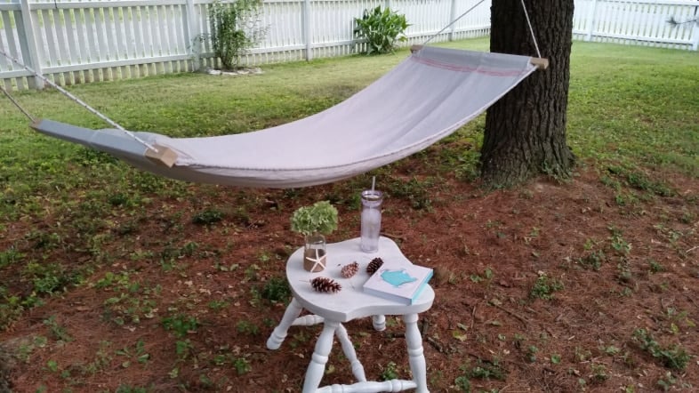 DIY Drop bCloth Hammock stretched between two trees