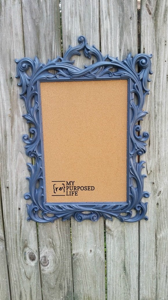 former gold mirror frame blue fancy framed cork board MyRepurposedLife.com