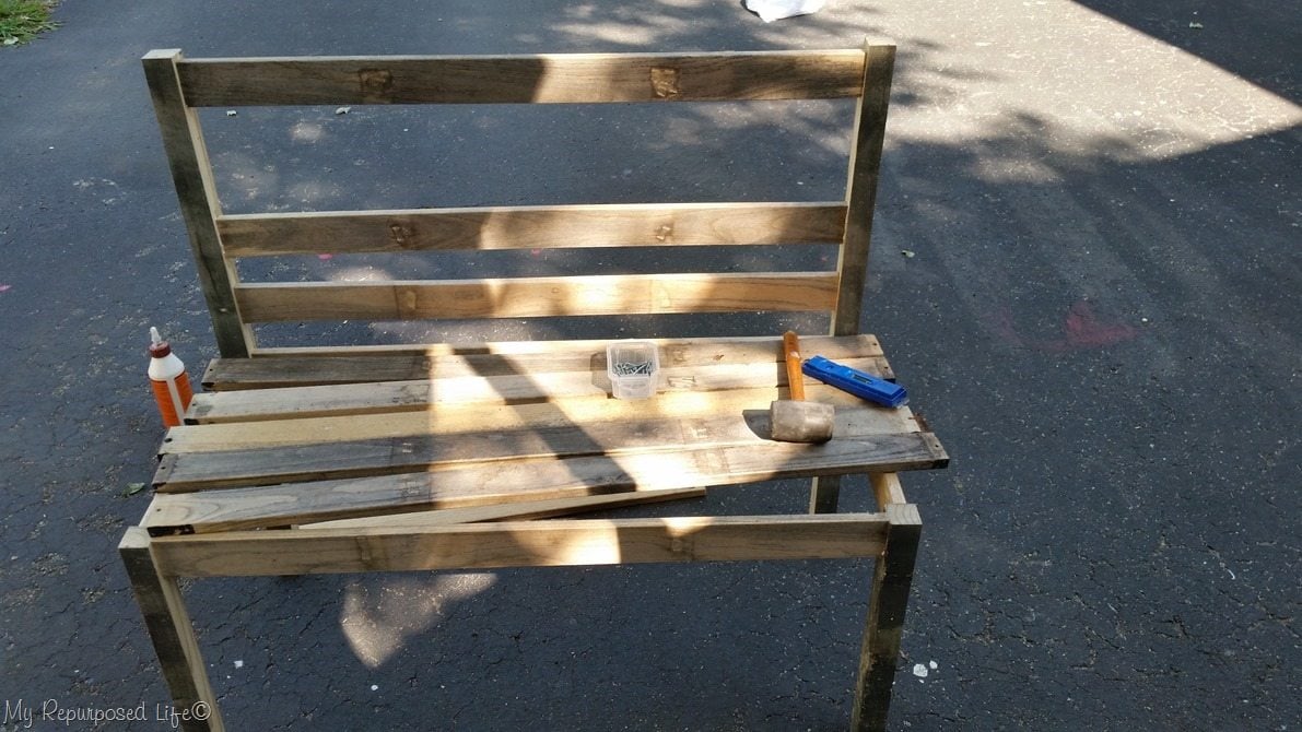 easy diy rustic wooden slat bench in progress