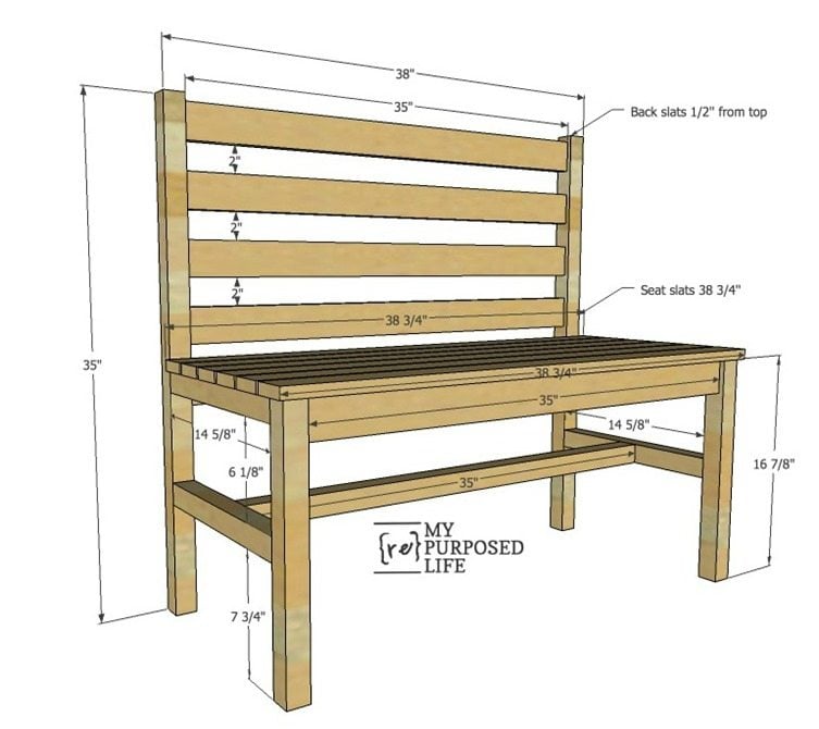 easy plans for diy wooden slat bench with back MyRepurposedLife.com