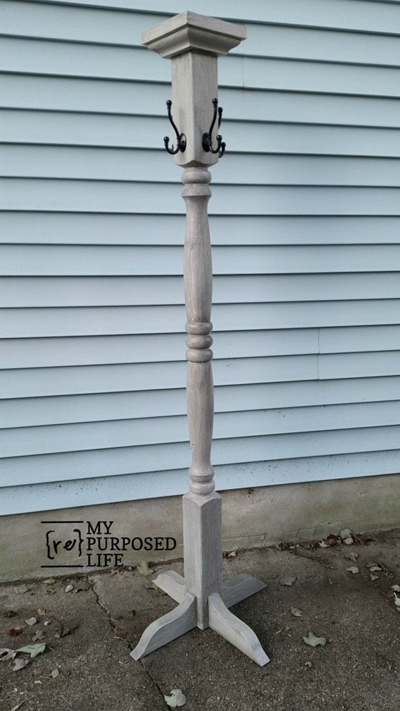 gray glazed porch post coat rack with hooks MyRepurposedLife.com