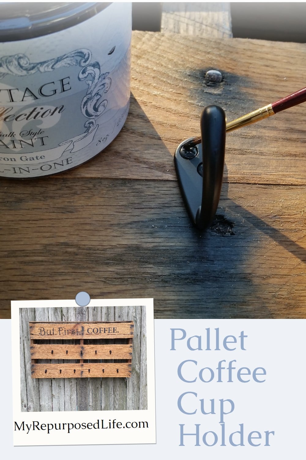 Easy Half Pallet Coffee Cup Rack to hang coffee cups in your kitchen. Popular saying: But First. Coffee stenciled. Eleven hooks for coffee cups. #MyRepurposedLife #upcycled #repurposed #pallet #cuprack via @repurposedlife