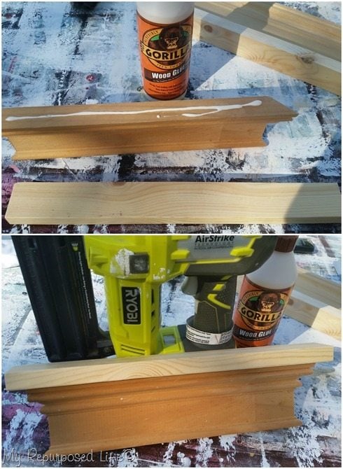 wood glue nail gun attach base to scrap molding sign