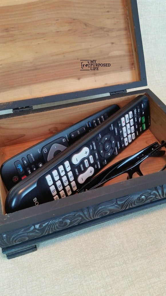 wooden trinket box holds remotes and more MyRepurposedLife.com