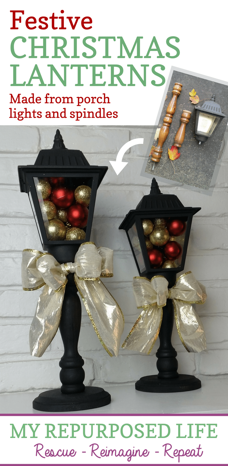 how to make lanterns out of porch lights and reclaimed spindles-not just for the holidays